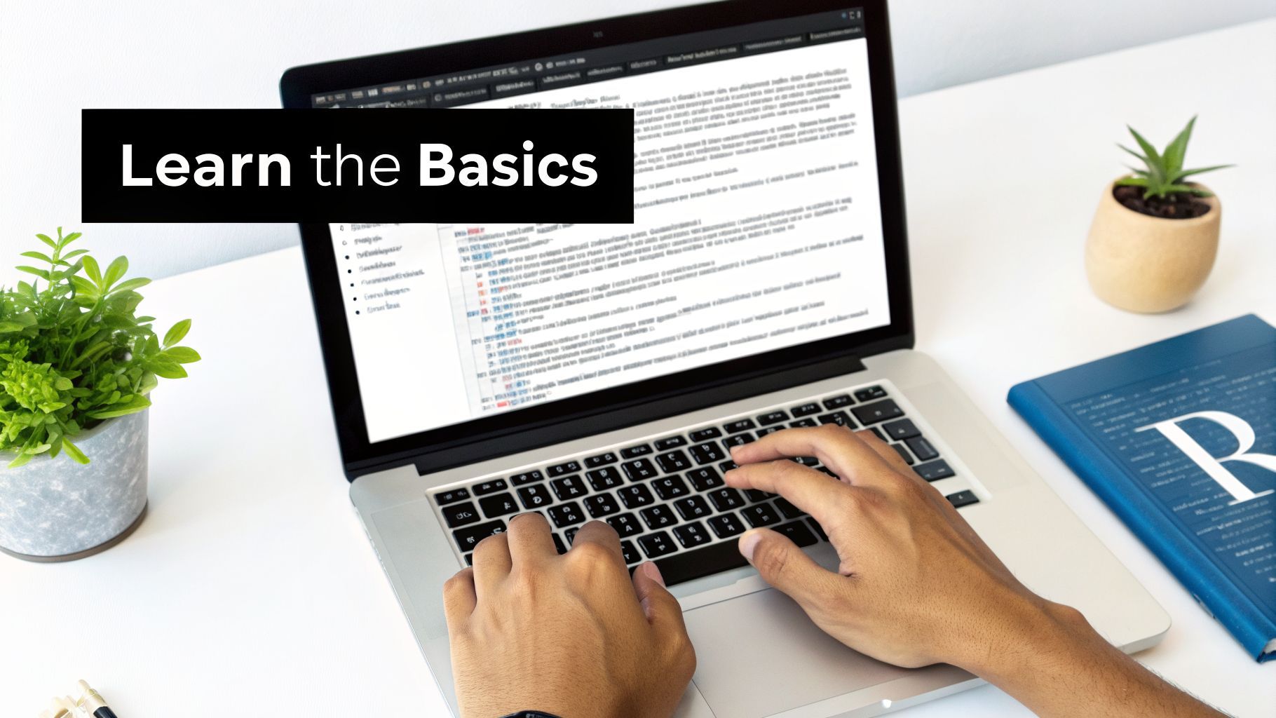 Person's hands typing on a laptop, displaying 'Learn the Basics' text, with potted plants and a blue 'R' book nearby.