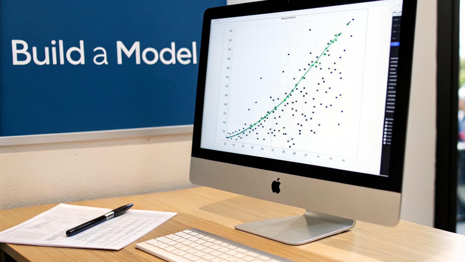 An iMac displays a data graph, with a pen, papers, and keyboard on a wooden desk.