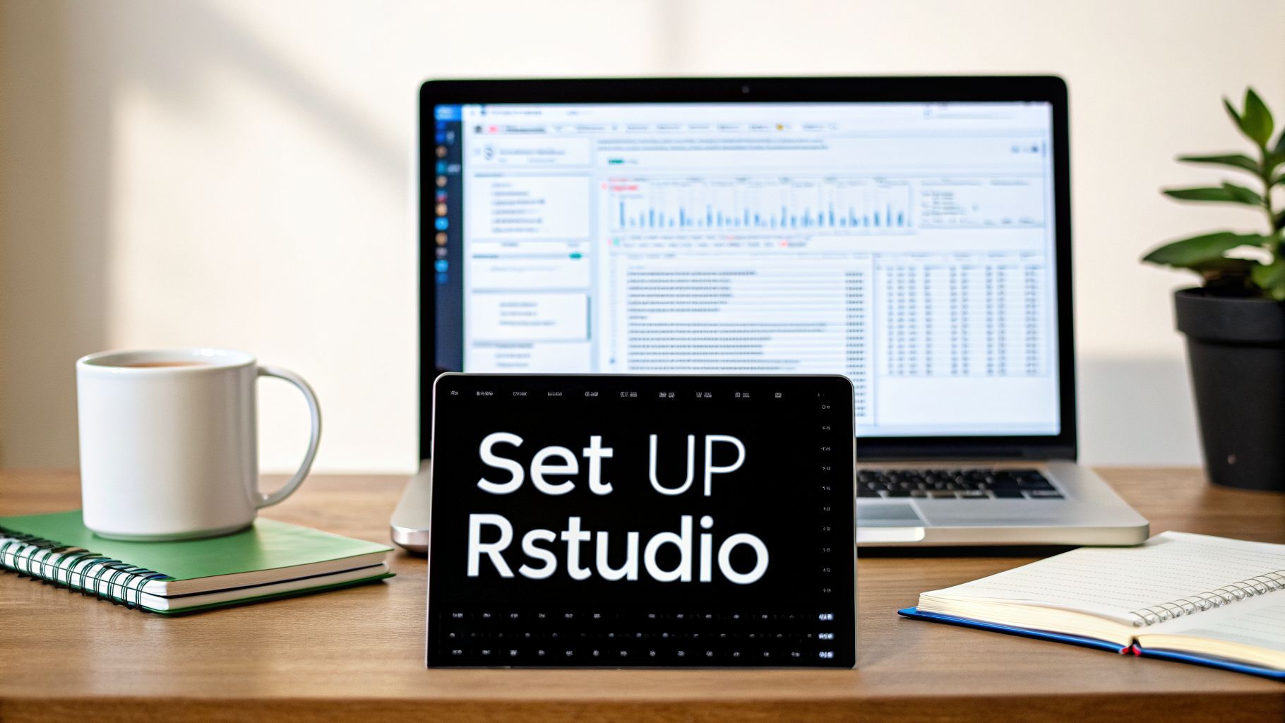 A desk setup featuring a laptop running RStudio, a tablet showing "Set UP Rstudio", a coffee mug, and notebooks.