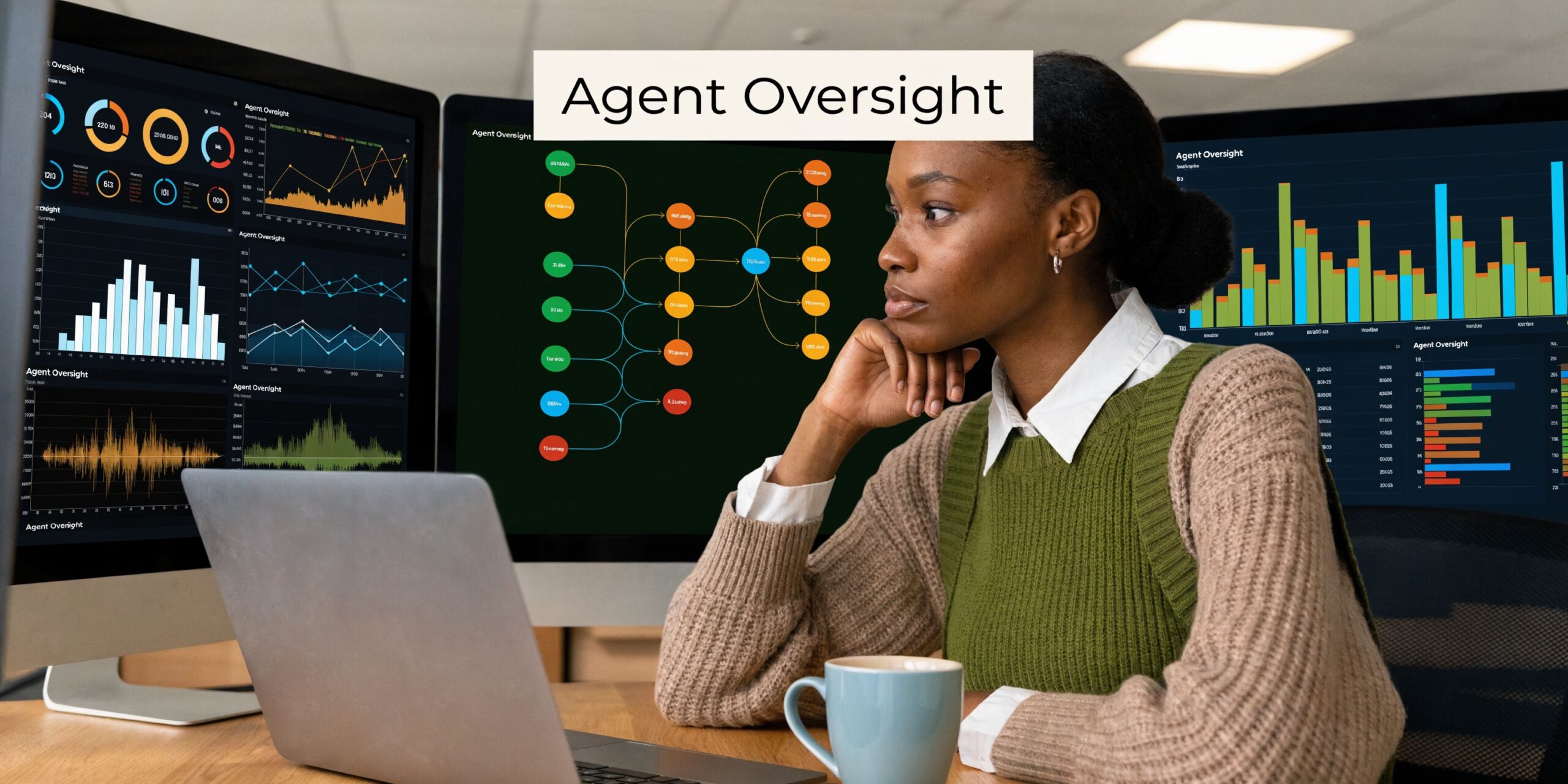 A professional woman analyzing data dashboards and complex workflow diagrams on multiple computer monitors in an office.