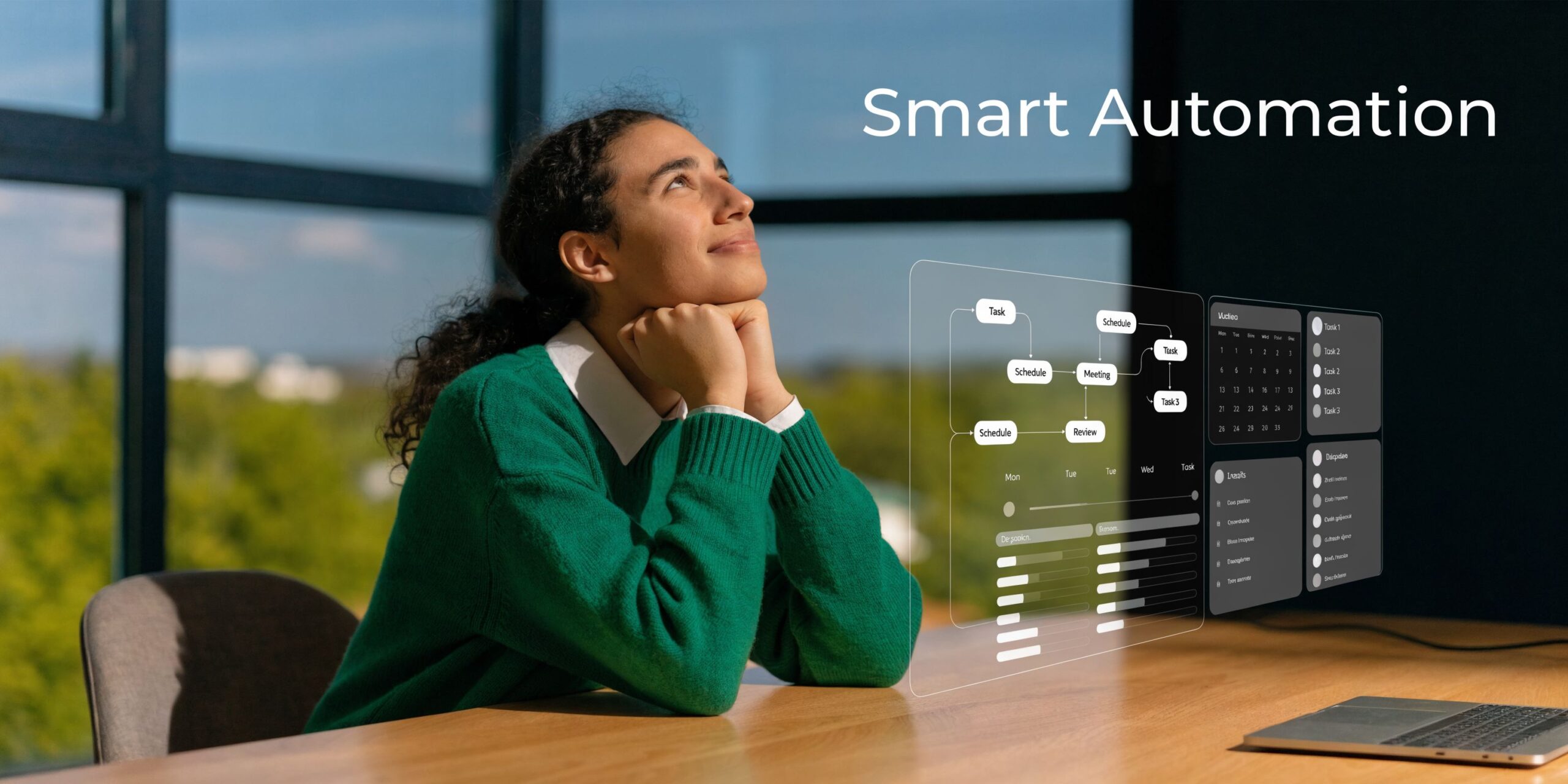 A woman looks thoughtful while viewing a futuristic digital task automation interface floating above her desk.