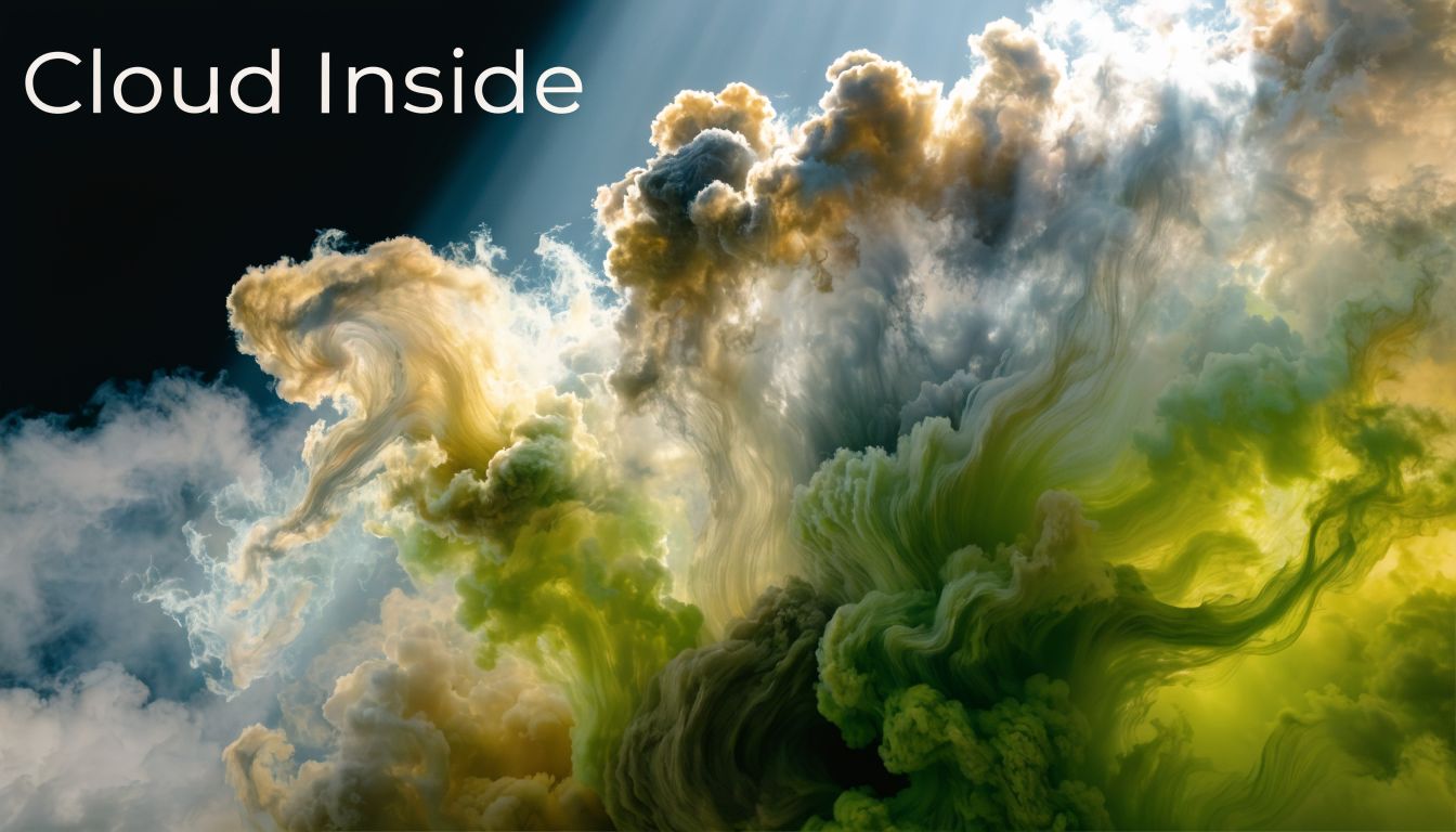 A surreal digital art depiction of swirling, ethereal clouds with golden, white, and vibrant green light beams.