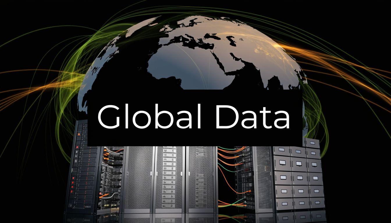 A server room visualization with a globe in the background representing global digital data connectivity.