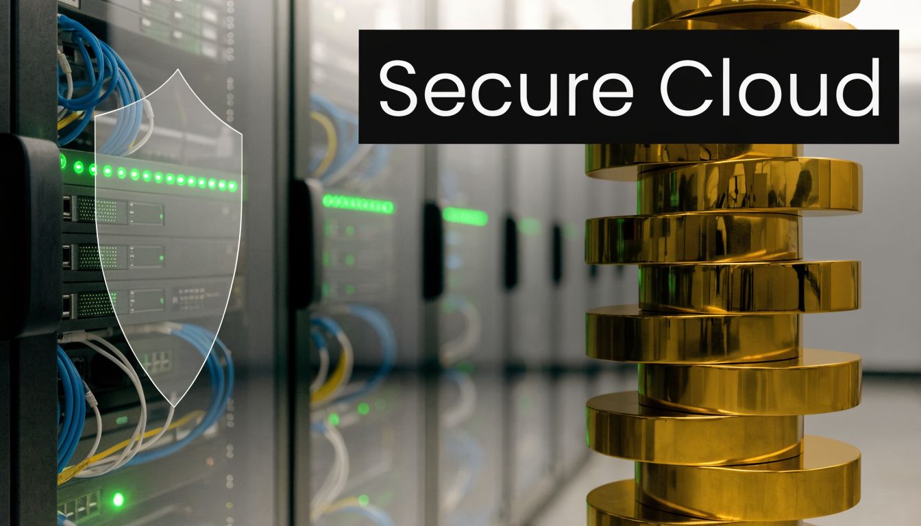 A secure cloud computing concept featuring server racks, a digital shield icon, and golden coin stacks.