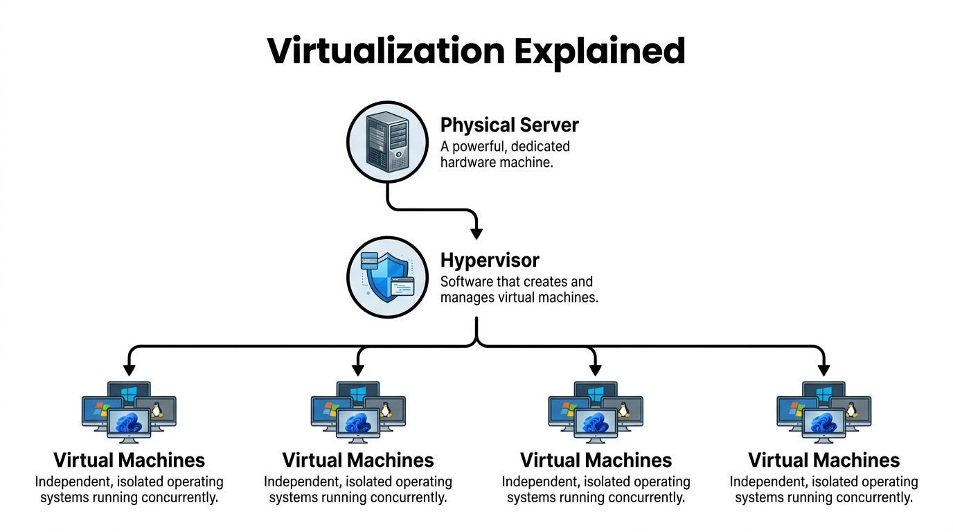 A diagram illustrating virtualization, showing a physical server, a hypervisor, and multiple independent virtual machines running concurrently.
