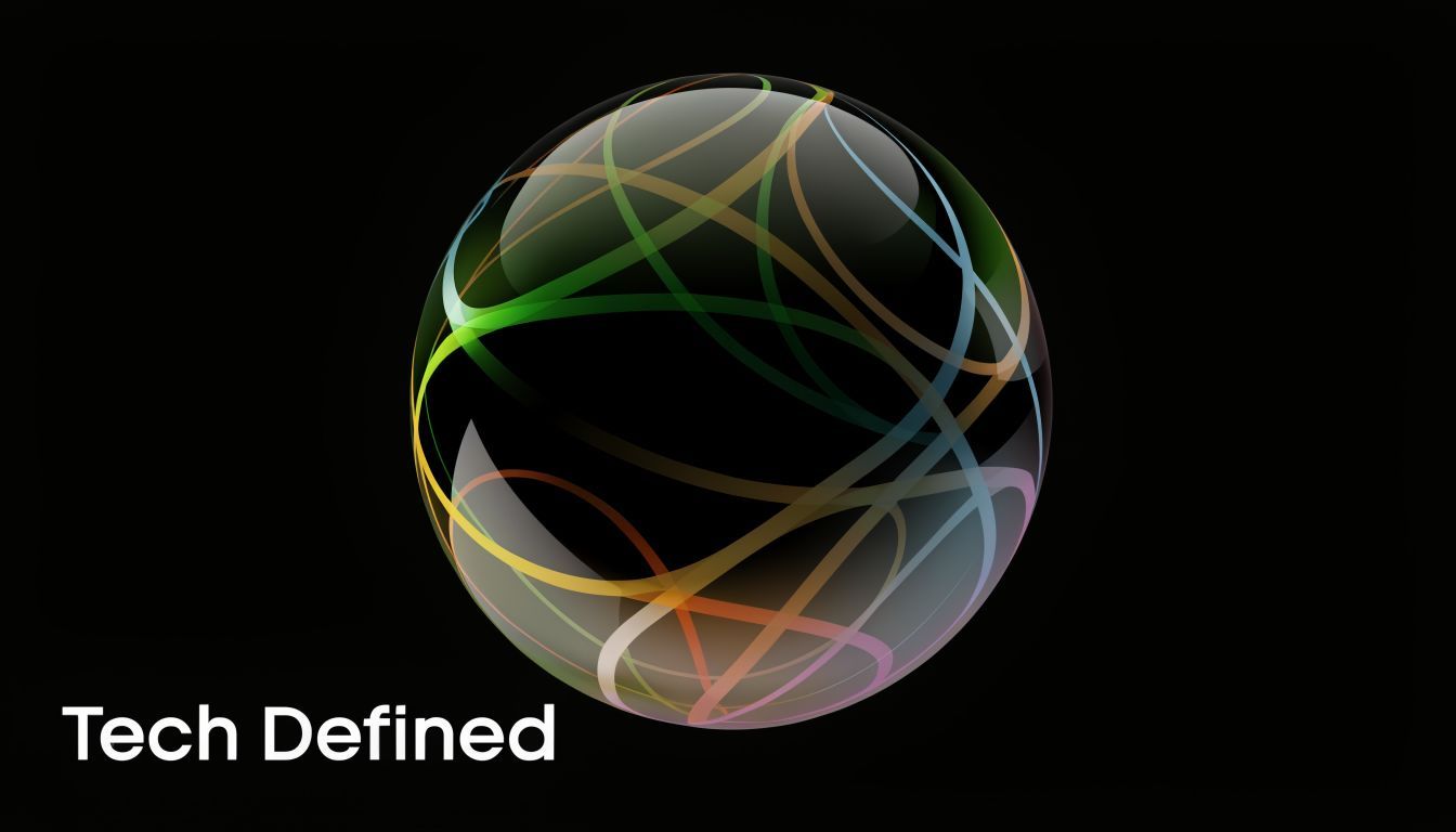 A glossy, transparent sphere featuring abstract, glowing, multicolored lines orbiting inside against a stark black background.