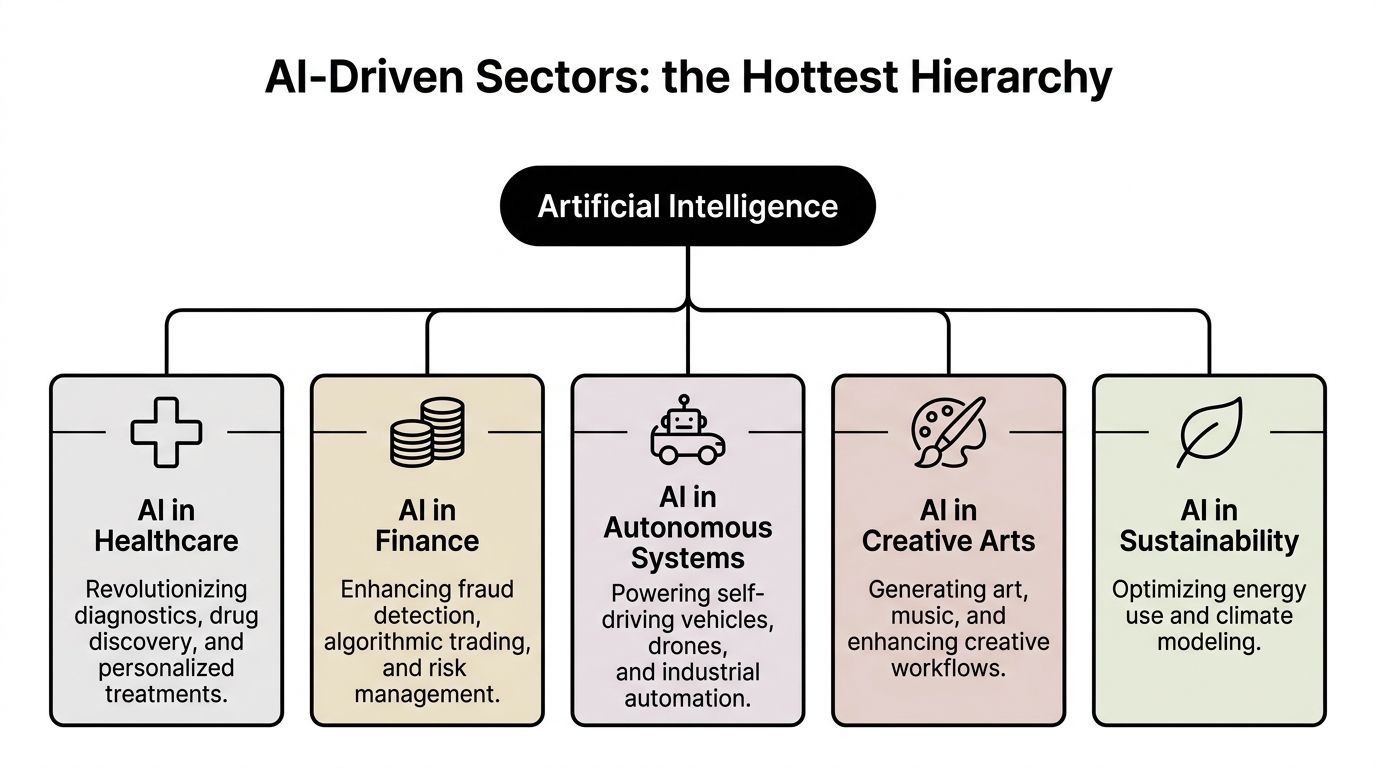 A flowchart showing how artificial intelligence is transforming key sectors including healthcare, finance, autonomous systems, arts, and sustainability.