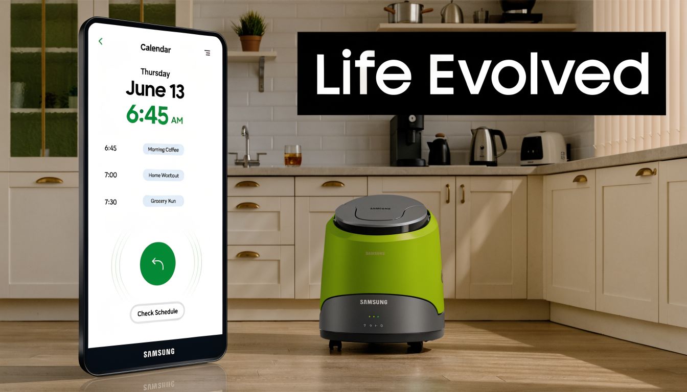 A Samsung smartphone displays a daily calendar next to a futuristic green robotic device in a kitchen.