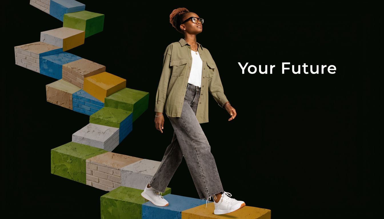 A woman walking on a stylized path of colorful geometric blocks against a solid black background.