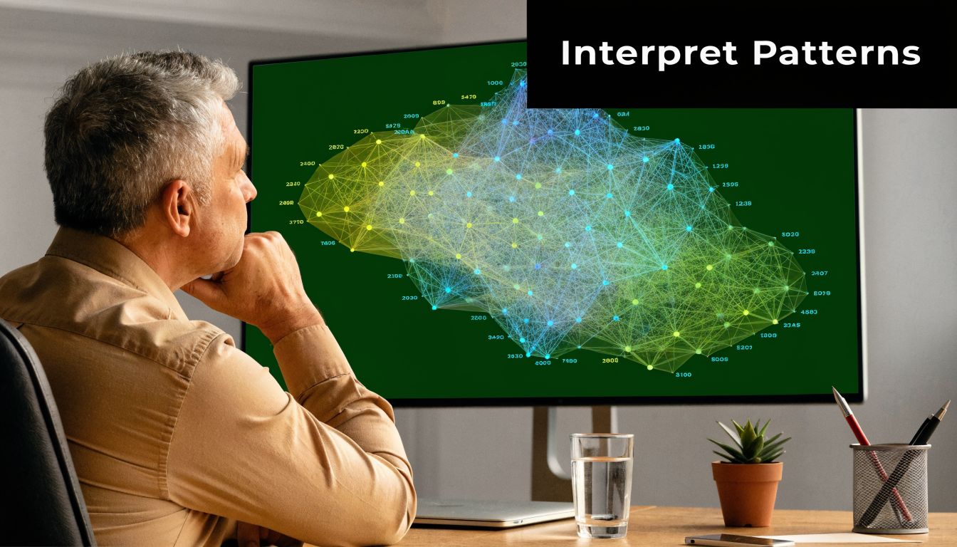 A professional man sitting at a desk contemplating a complex data network visualization on a computer screen.