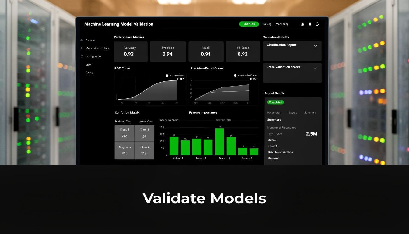 A machine learning model validation dashboard displaying performance metrics, curves, and model details on a monitor screen.