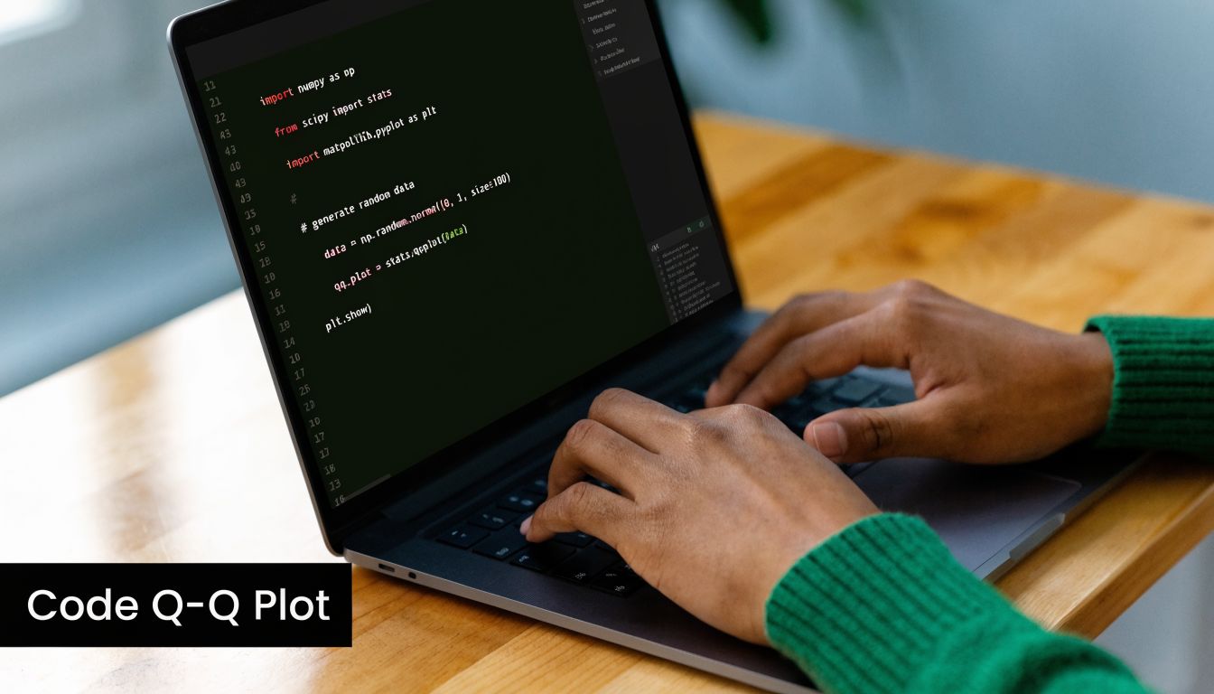 A person writing Python code for generating a normal Q-Q plot on a laptop screen.