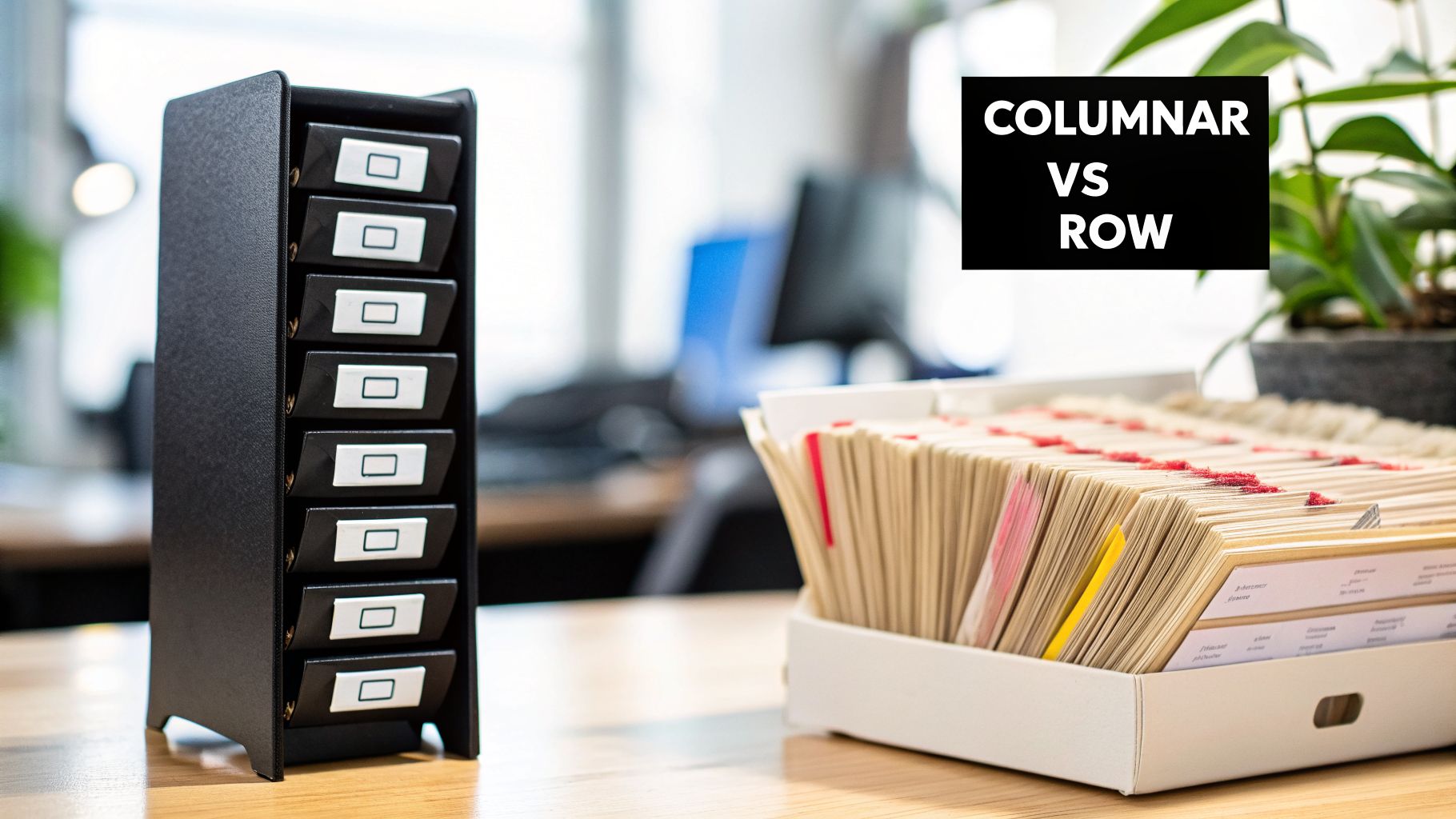 Physical examples contrasting columnar (vertical drawers) and row (horizontal index cards) data storage.
