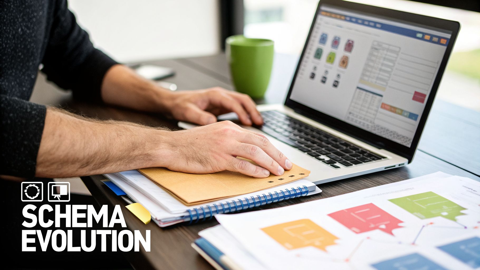 A person with hairy arms working on a laptop at a desk with documents and a green mug.