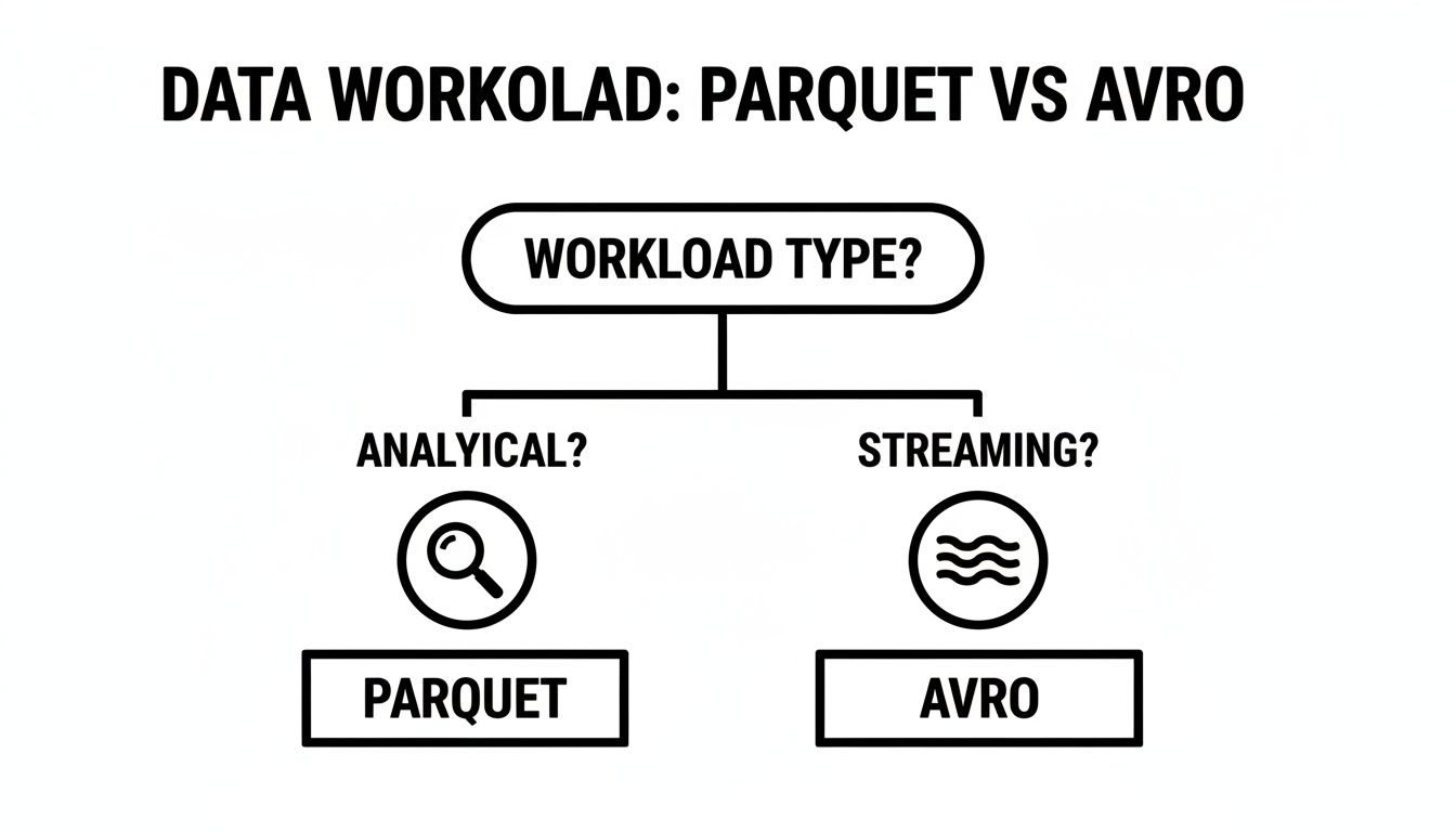 Flowchart comparing Parquet and Avro data formats based on analytical versus streaming workloads.