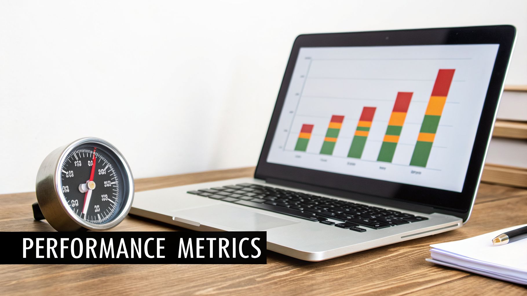 A laptop displays a bar chart next to a gauge and notebook, with 'PERFORMANCE METRICS' text.