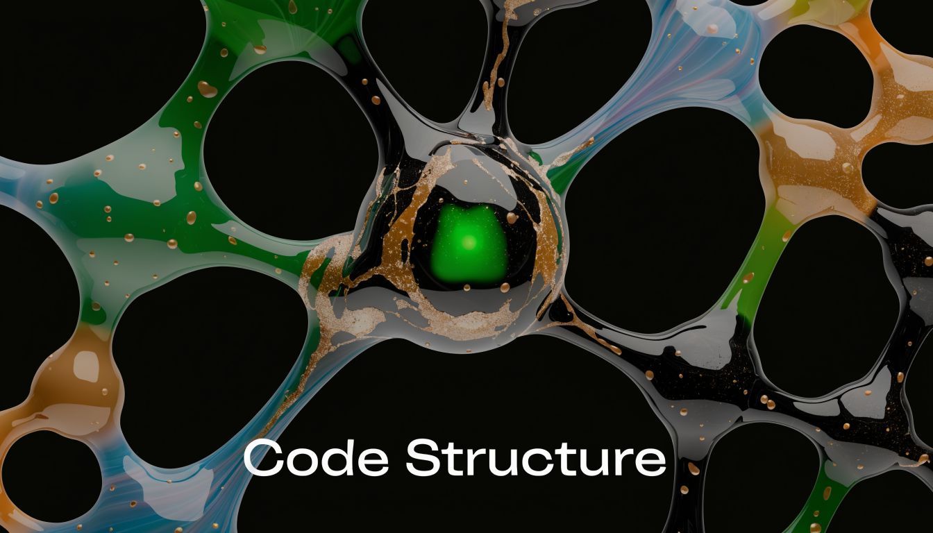 A 3D render of an interconnected organic web structure with a glowing green center over black background.