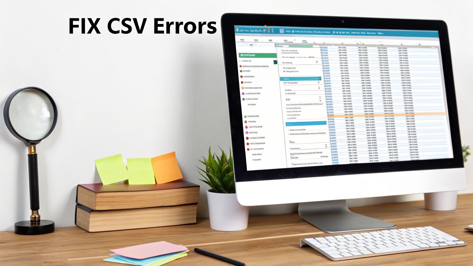 A desktop setup with a monitor displaying spreadsheet data, a magnifying glass, and 'FIX CSV Errors' text.