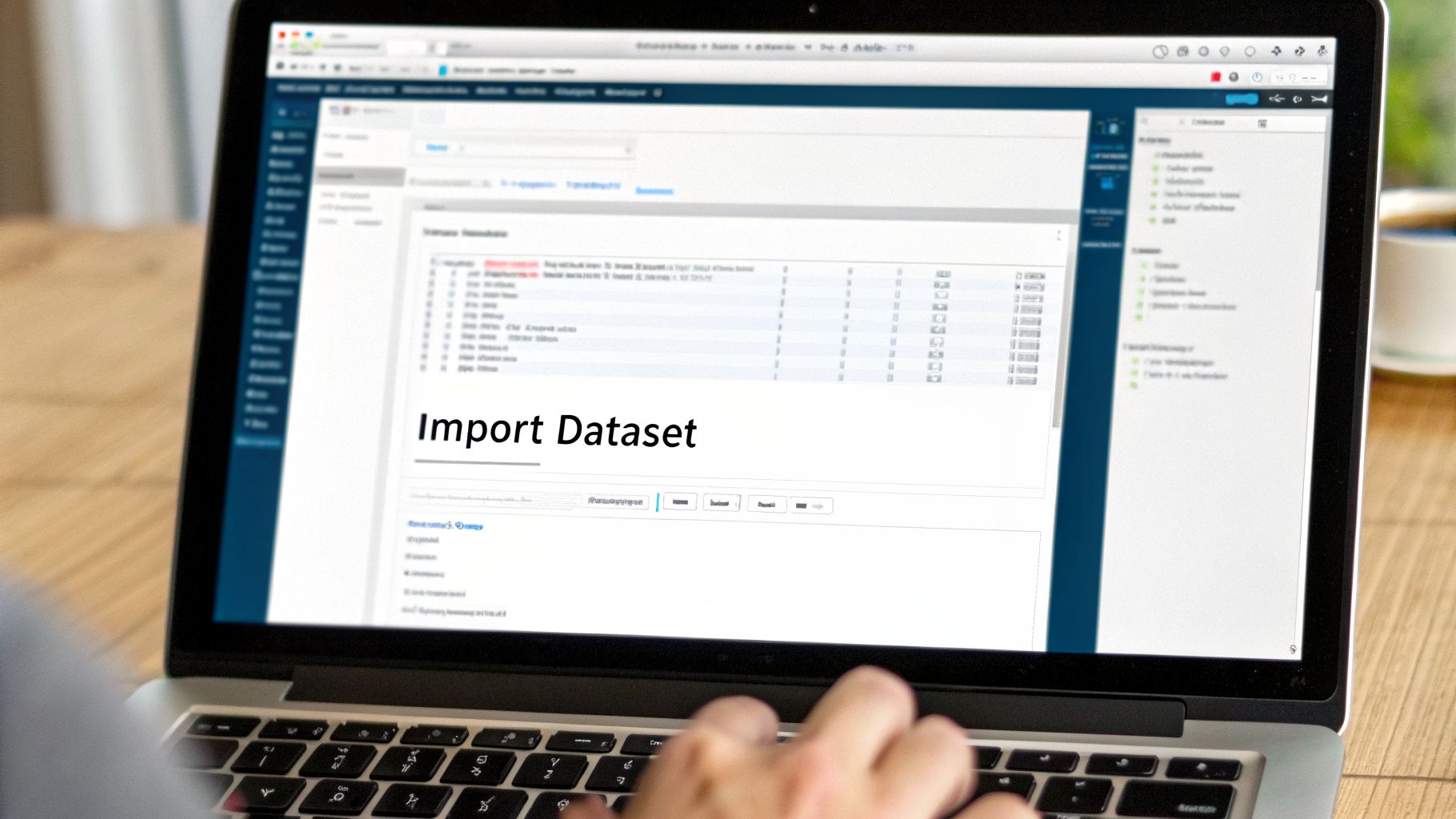 A person works on a laptop displaying a 'Import Dataset' screen within a data management interface.