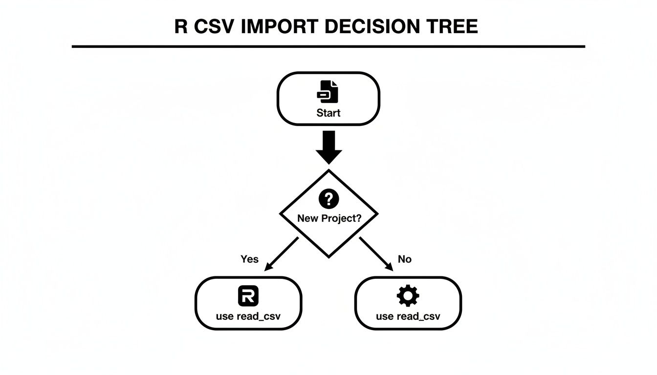 A decision tree flowchart for importing CSV files in R, asking if it's a new project and suggesting 'use read_csv'.