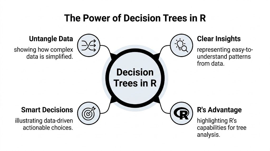 A diagram illustrating the benefits of using decision trees in the R programming language for data analysis.