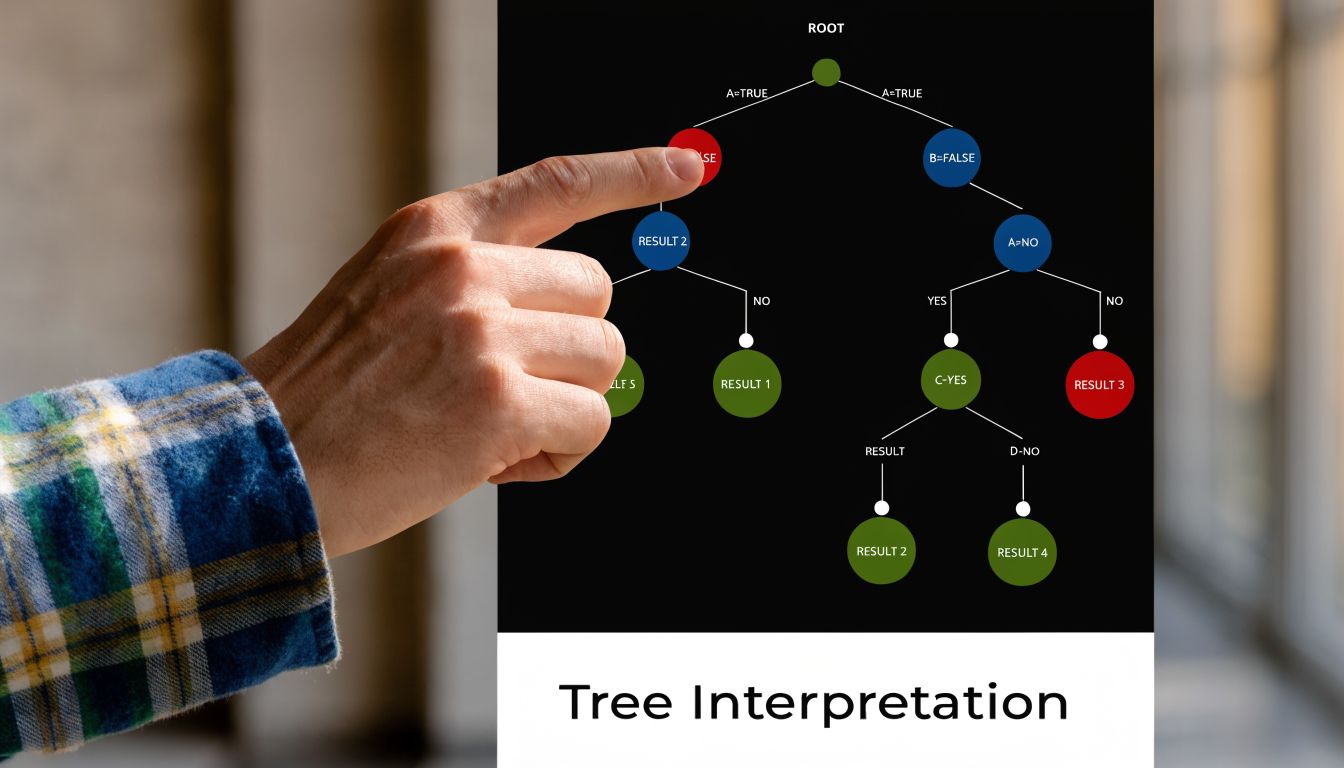 A person pointing at a diagram of a complex decision tree flow chart on a screen.