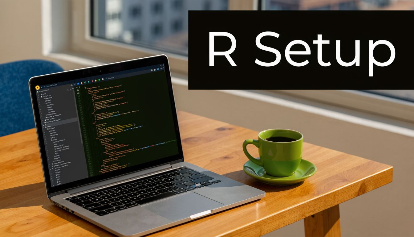 A modern laptop displaying code on a wooden desk next to a bright green coffee cup.
