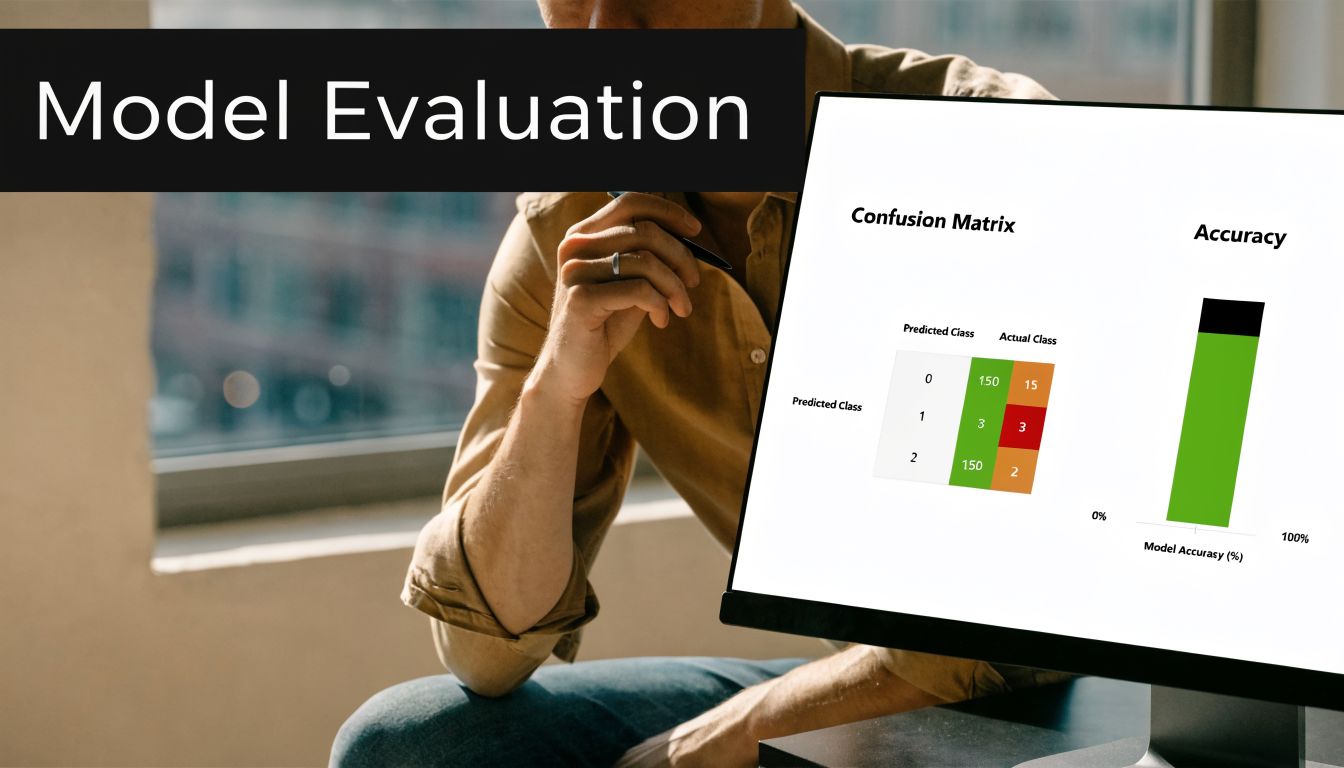 A professional reviewing a computer screen displaying a machine learning model evaluation with a confusion matrix.