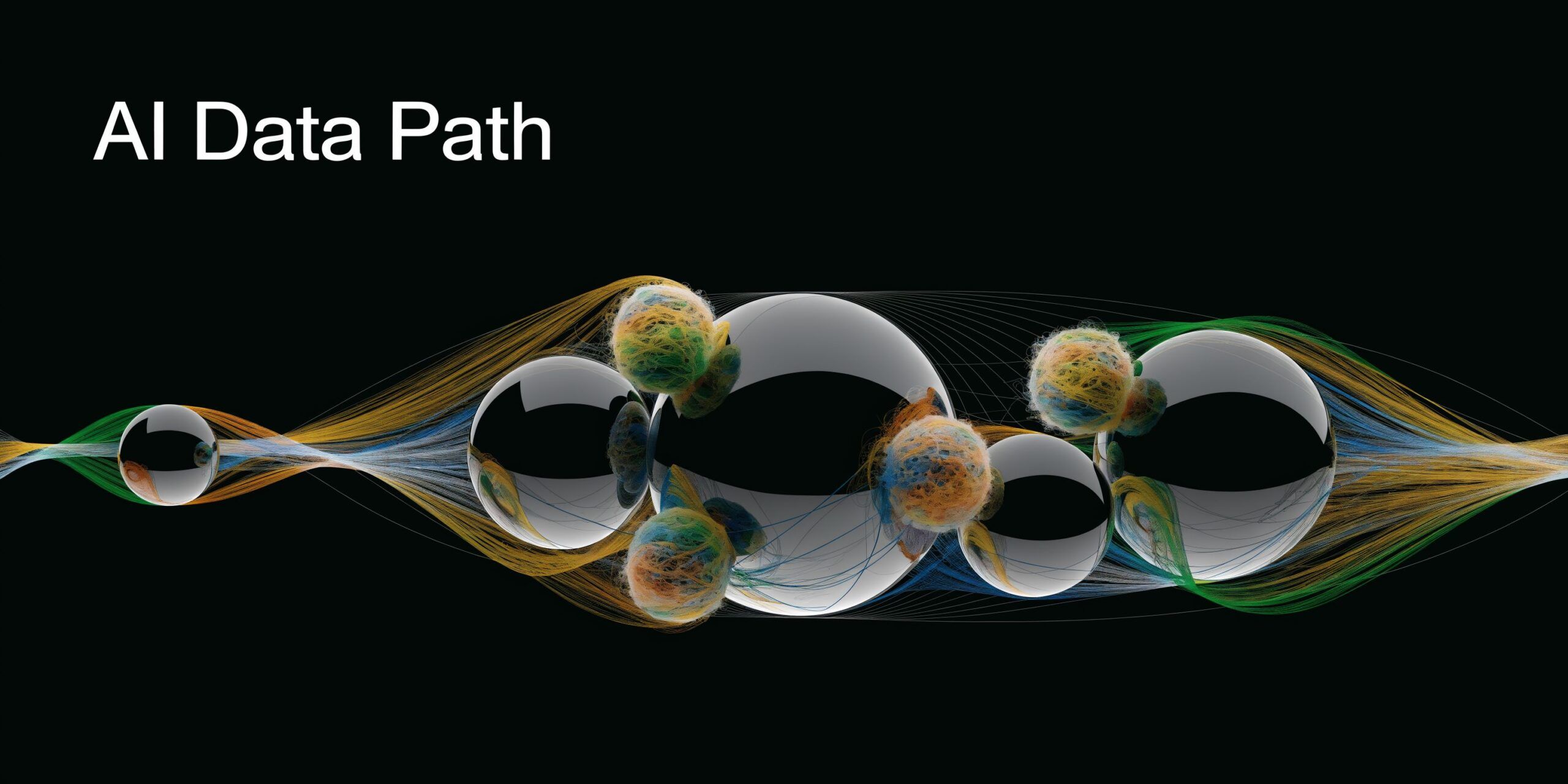 A digital visualization showing abstract AI data path flow through interconnected glossy spheres on a black background.