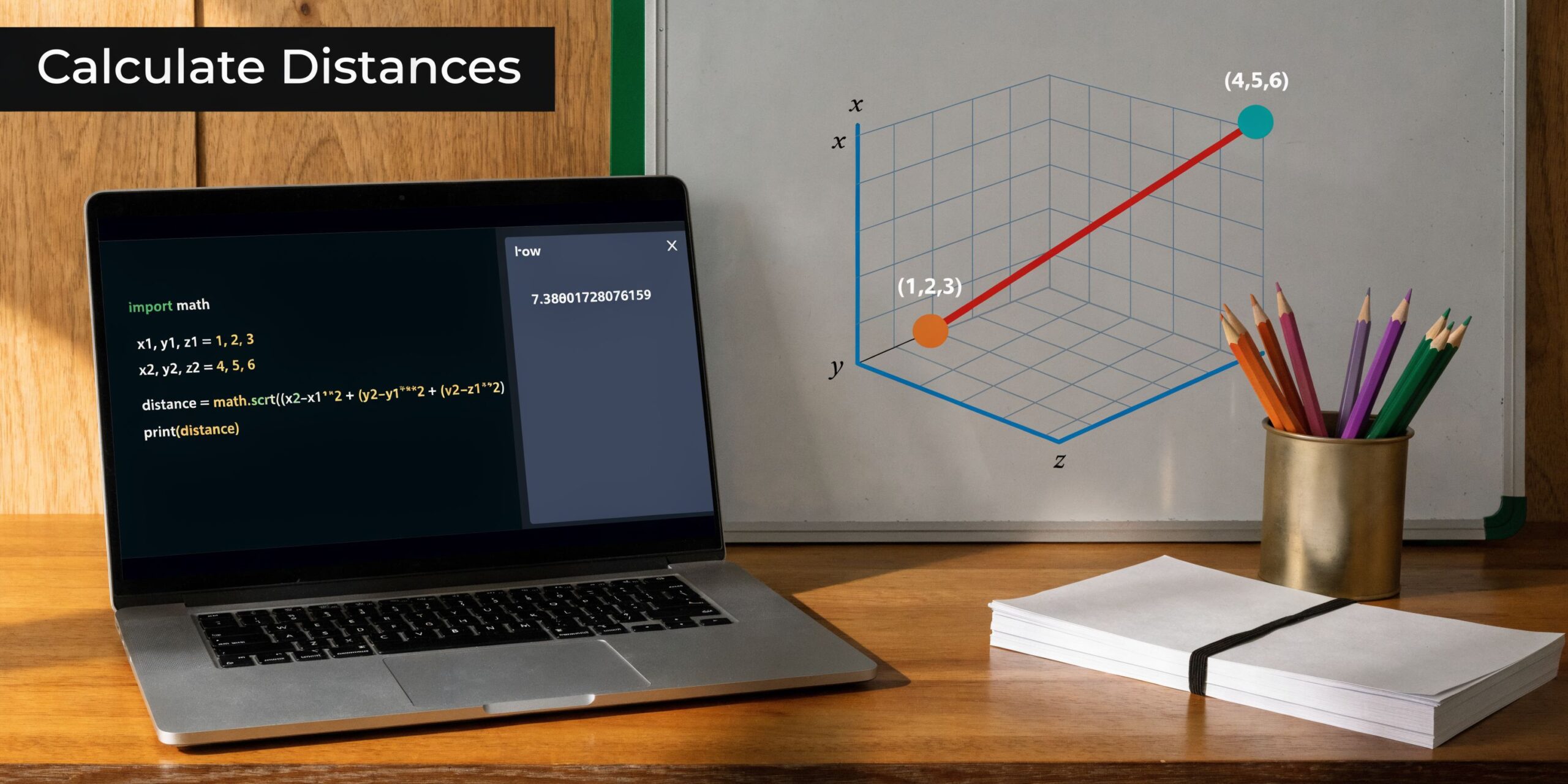 A laptop screen displaying 3D distance calculation code next to a white board showing two coordinate points.