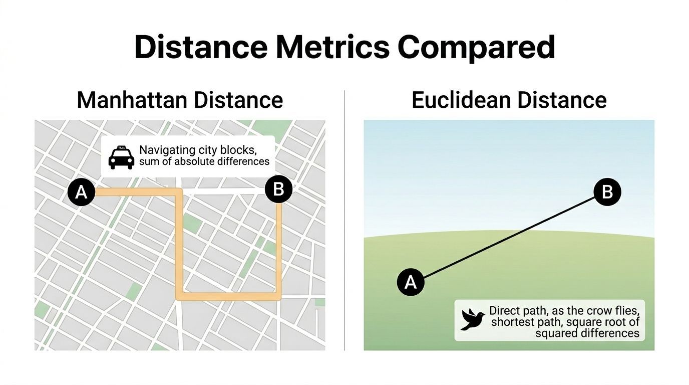 A comparison illustration showing Manhattan distance via city grid navigation versus Euclidean distance as a direct line.
