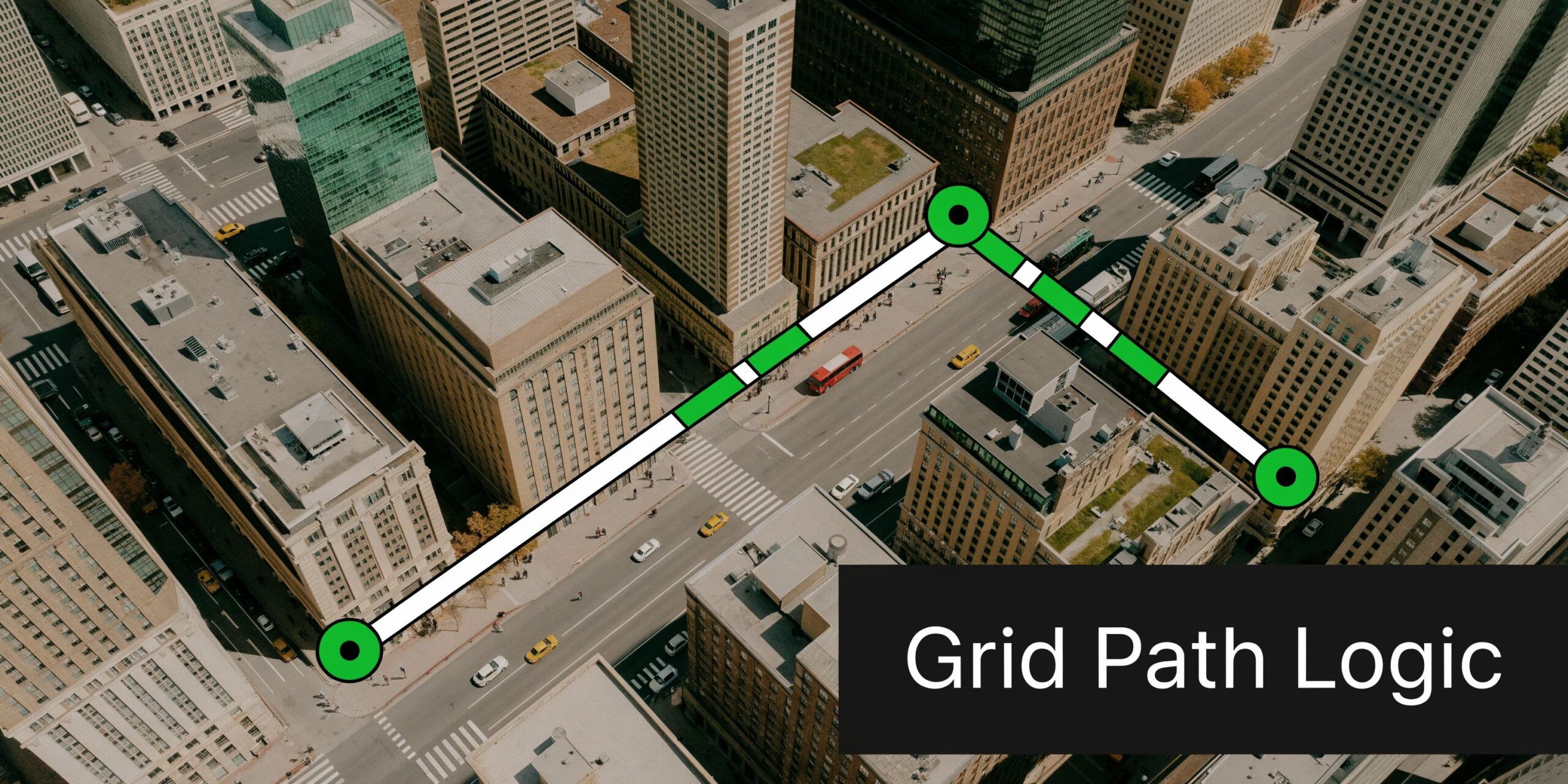 An aerial view of a city street showing a path overlay illustrating grid path logic principles.
