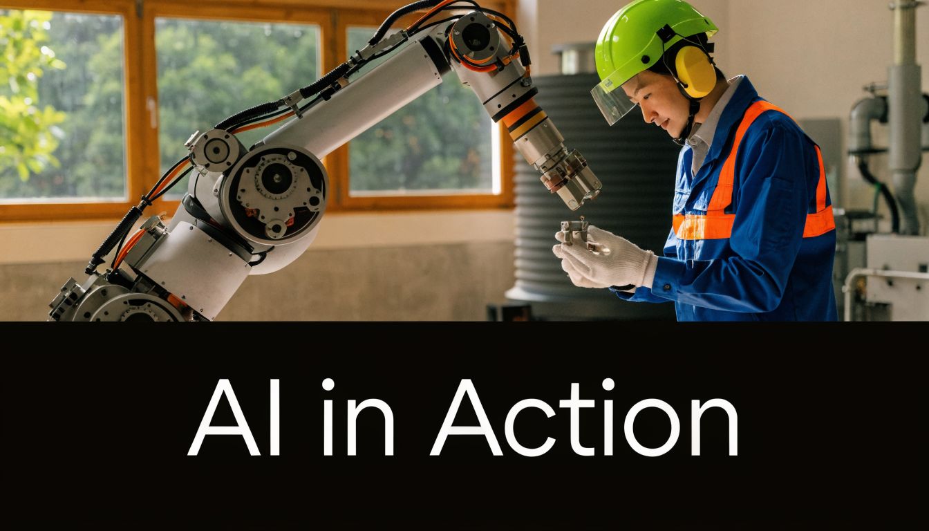 A technician wearing a safety helmet and ear protection works alongside a robotic arm in an industrial setting.