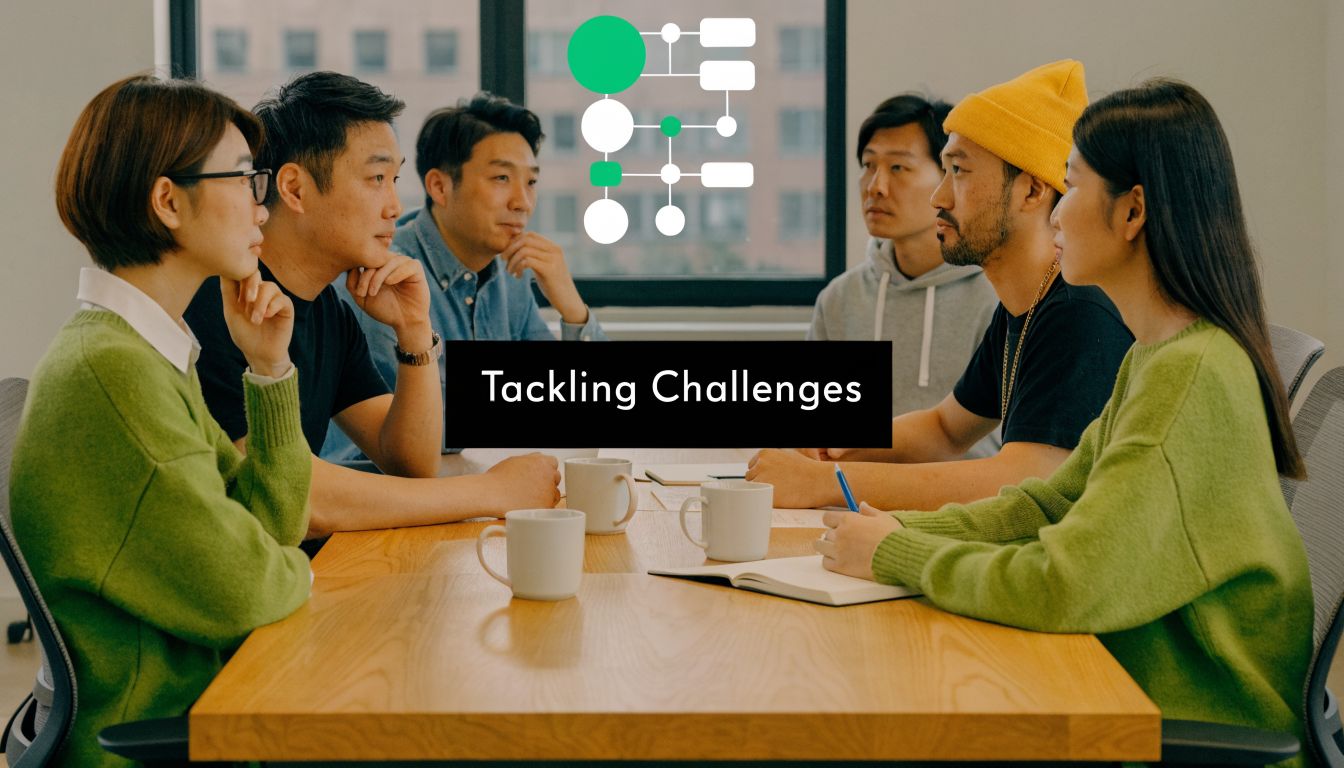 A diverse group of professionals collaborating and brainstorming around a table in a modern office space.
