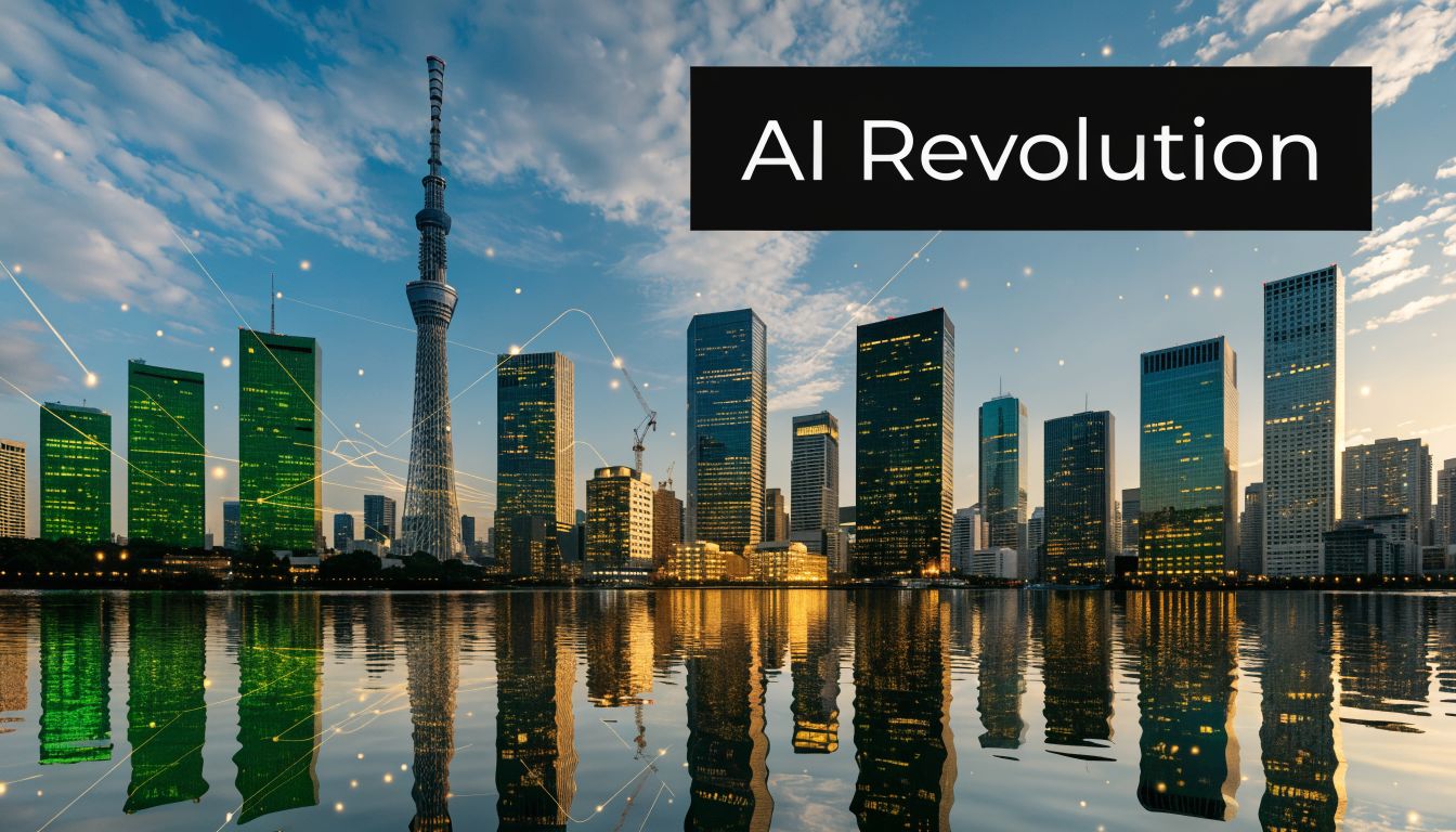 A modern Tokyo skyline with Tokyo Skytree, glowing lights, and a digital AI Revolution text overlay.