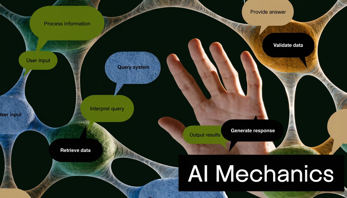 An abstract illustration of AI mechanics featuring interconnected nodes, thought bubbles, and a human hand reaching out.