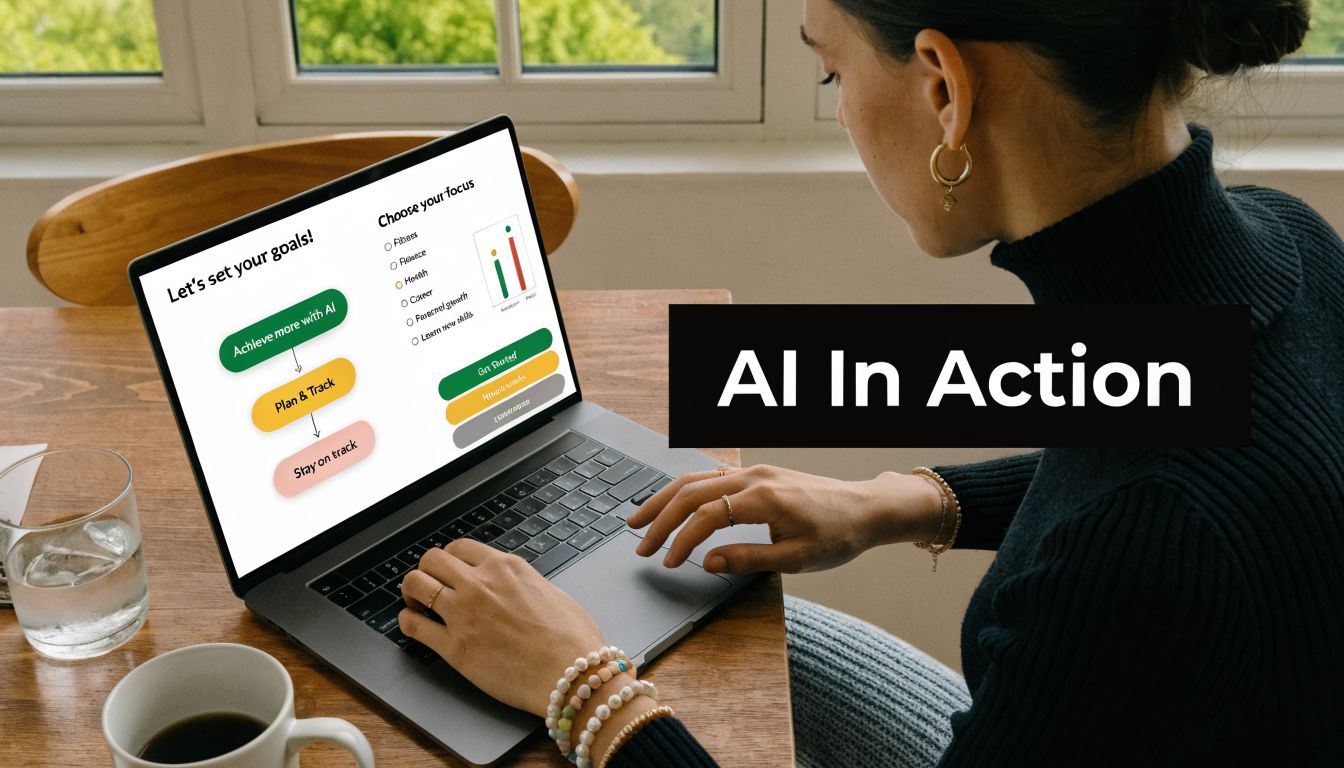 A person using a laptop with an AI goal setting application displayed on the screen at home.