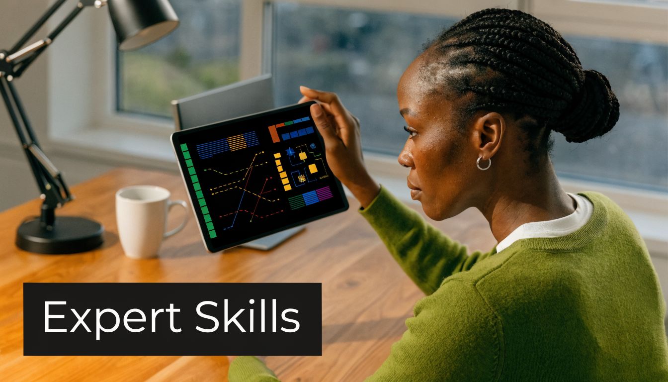 A data governance consultant reviewing complex analytics and dashboard charts on a tablet in an office.