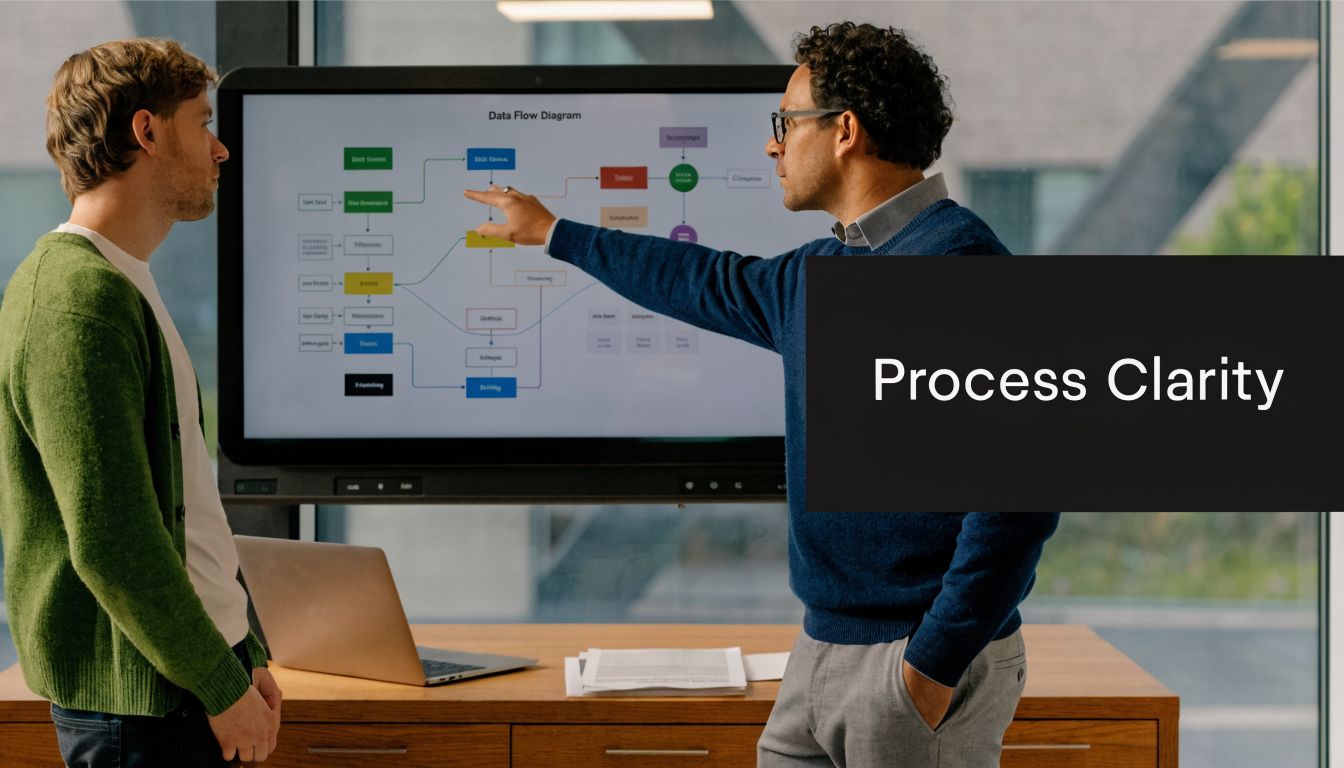 A professional data governance consultant explains a data flow diagram to a colleague in an office setting.