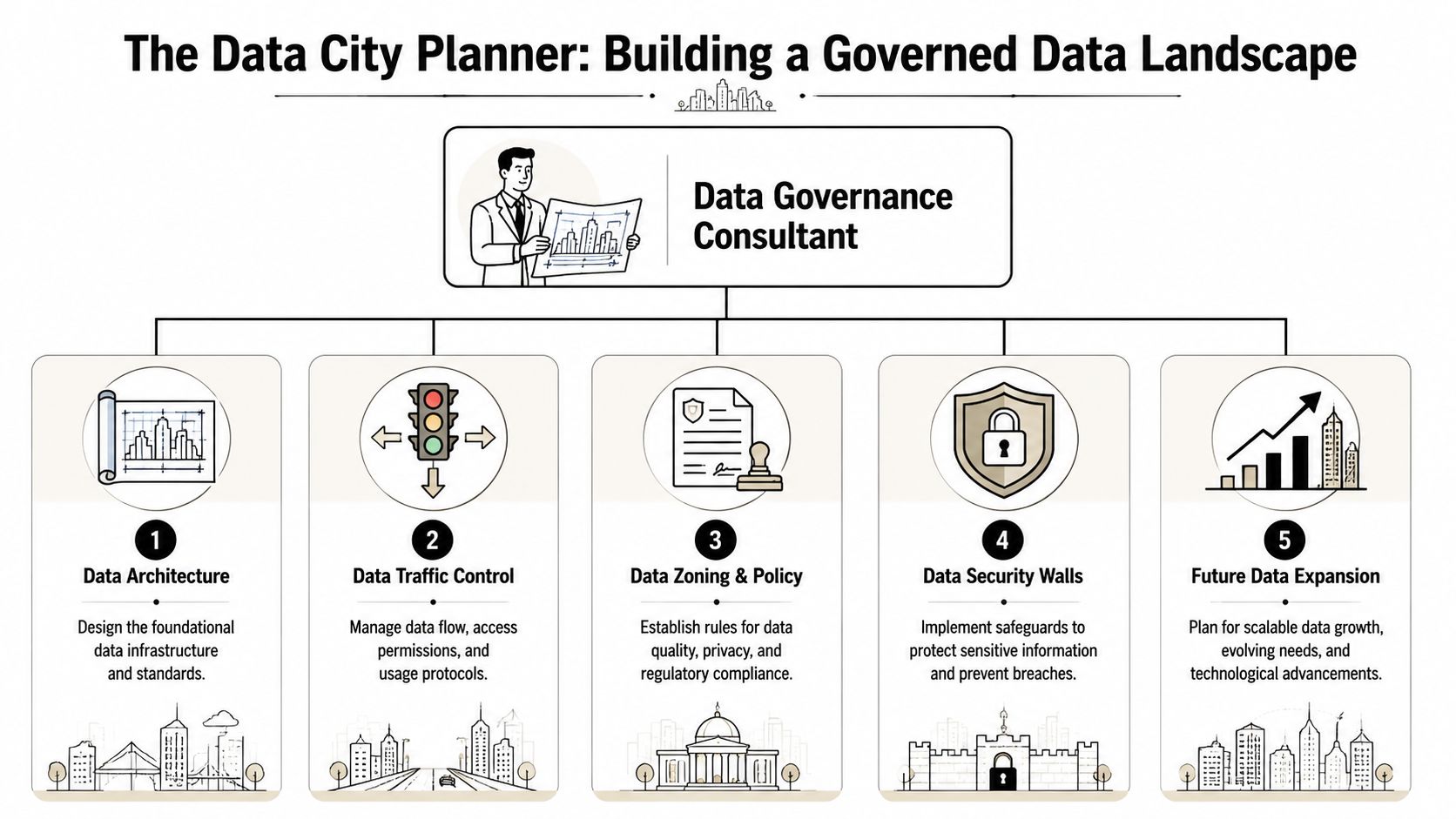 A diagram depicting the role of a data governance consultant in planning a structured data city landscape.