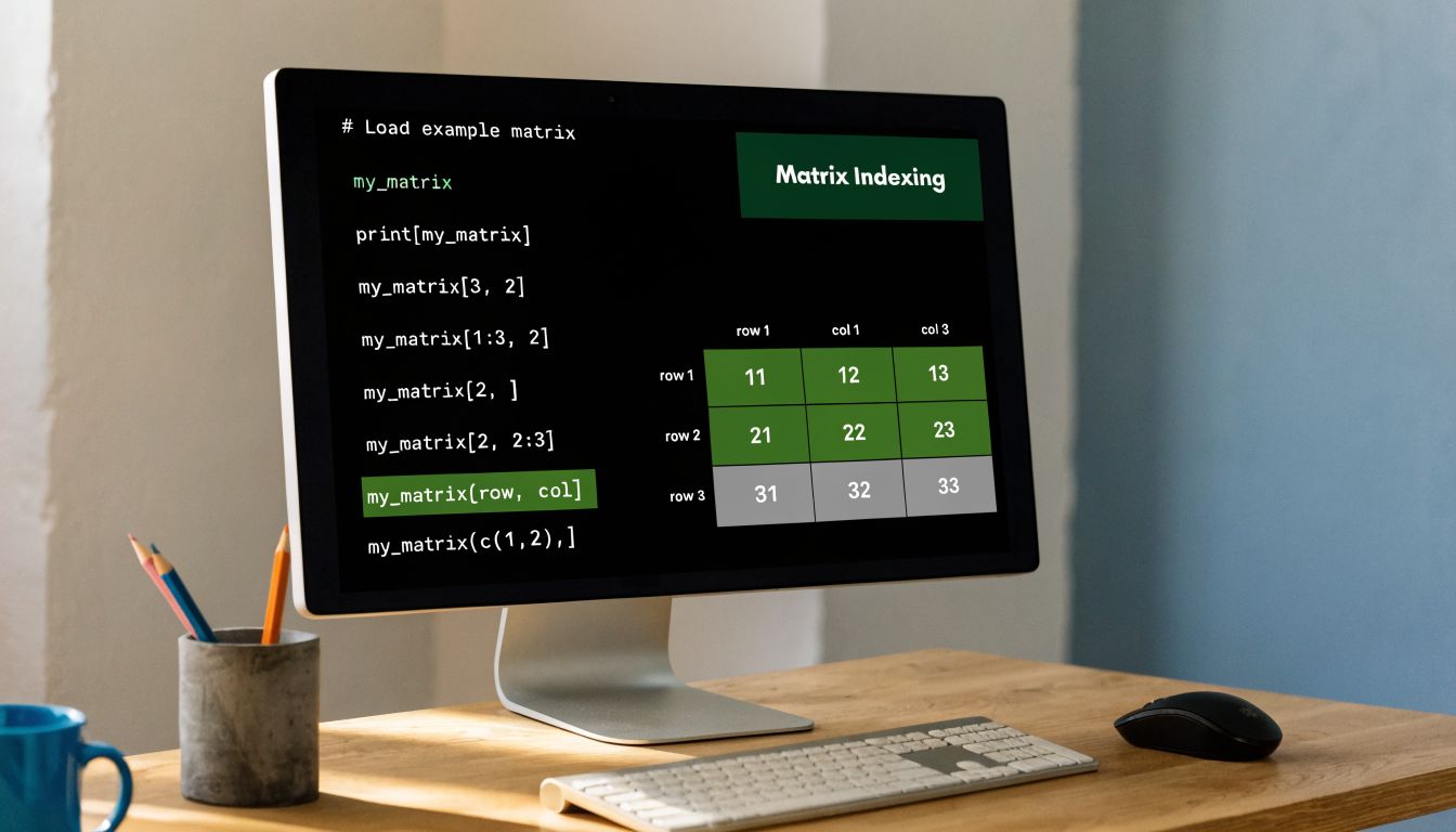 A computer monitor displaying a tutorial about matrix indexing syntax in the R programming language.