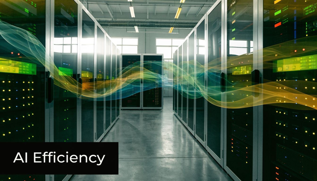 Server room with rows of data center racks illuminated by abstract green and yellow flowing light waves.