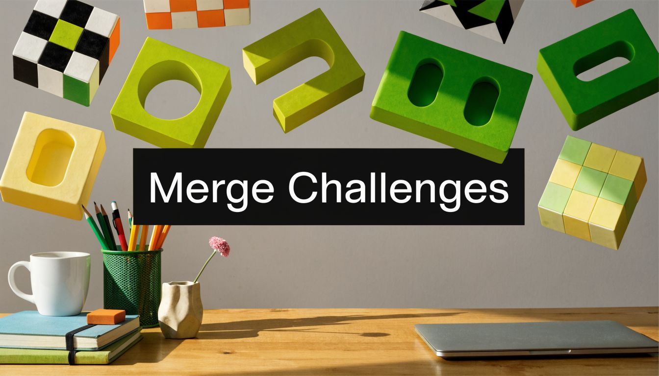 A wooden desk featuring books, pencils, a laptop, and floating geometric shapes with the text Merge Challenges.