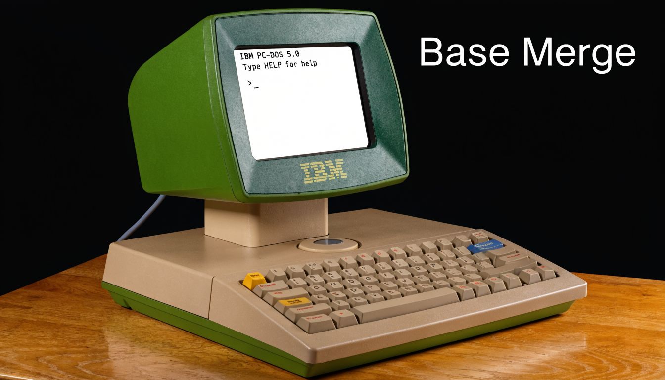 A vintage green IBM computer with a screen displaying IBM PC-DOS 5.0 on a wooden table.
