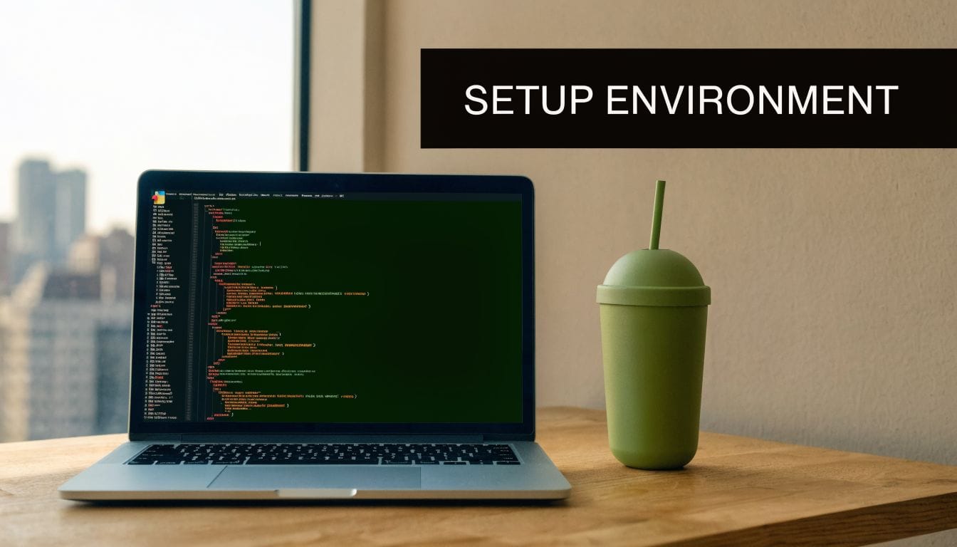 A laptop showing code on a screen sitting on a wooden desk with a green tumbler.