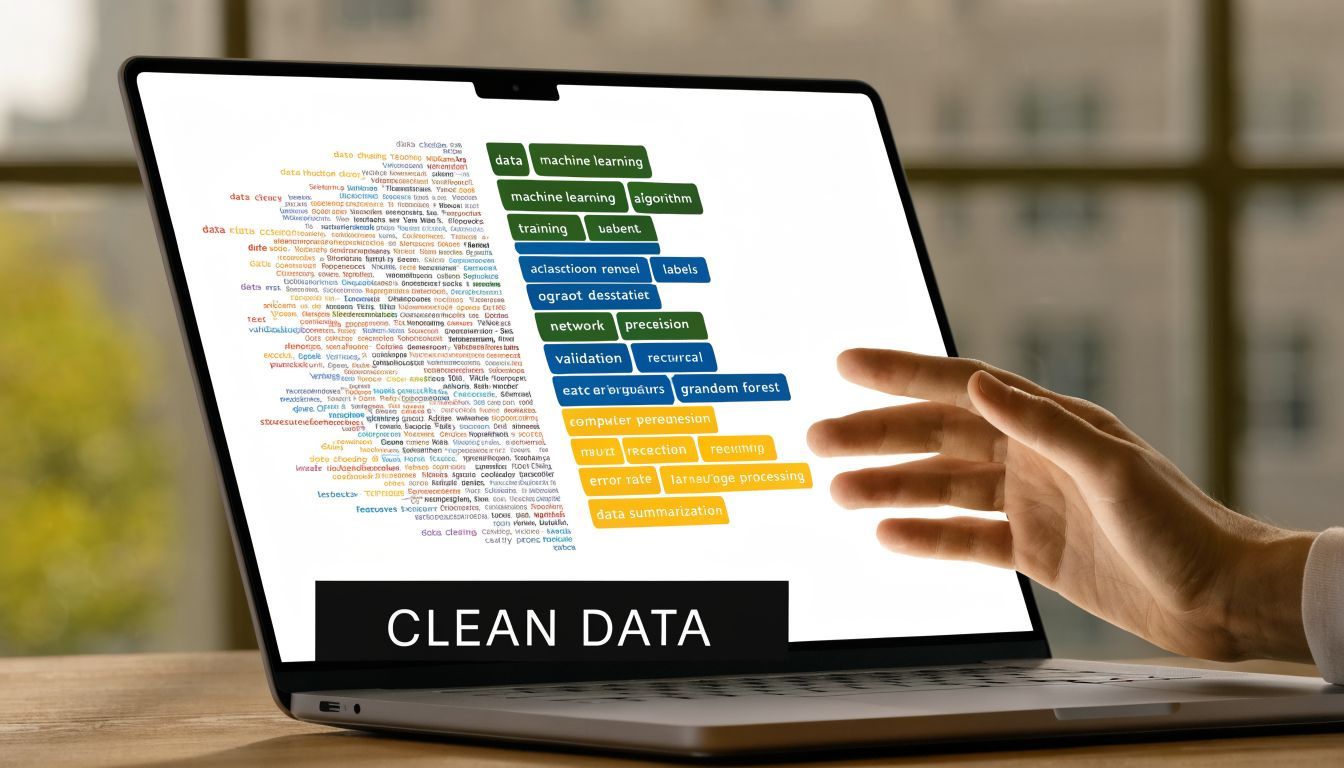 A hand reaching towards a laptop screen displaying a word cloud related to machine learning and data science.