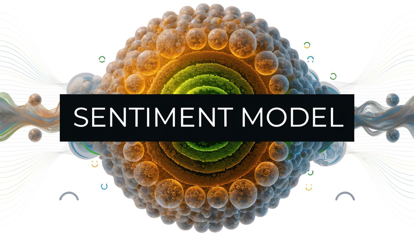 A 3D abstract digital representation of a sentiment model surrounded by data visualization spheres and waves.
