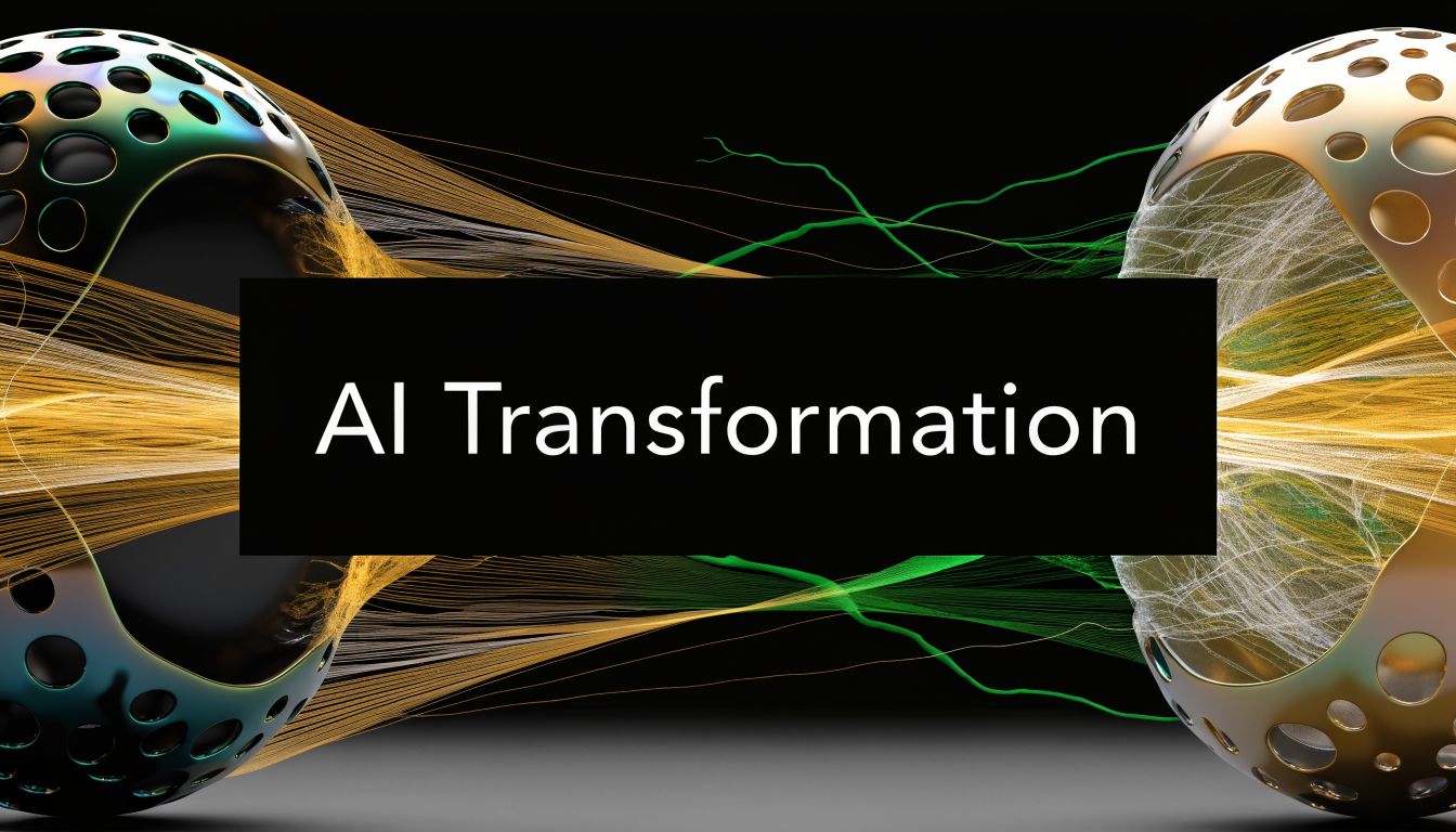 Two abstract spheres connected by glowing data streams representing digital AI transformation and neural network concepts.