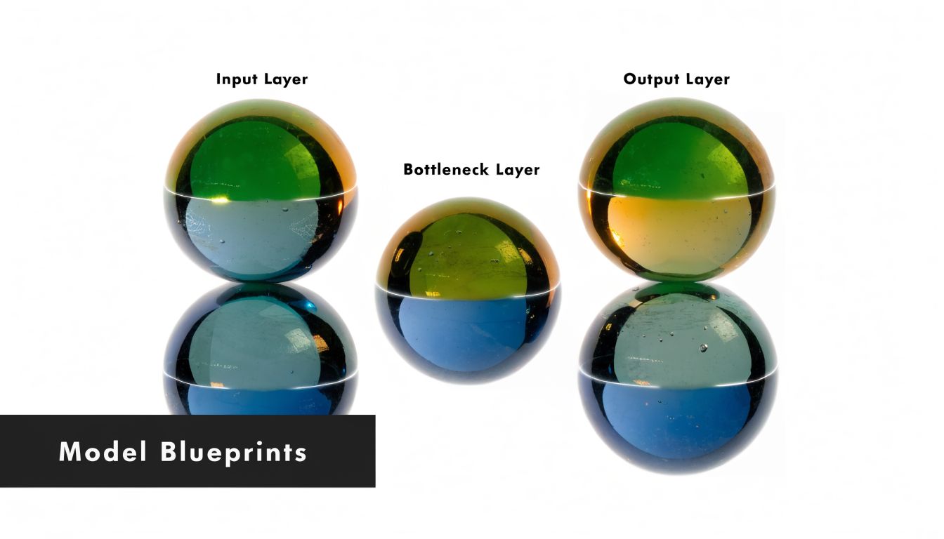 A visual representation of an autoencoder model showing input, bottleneck, and output layers as glass spheres.